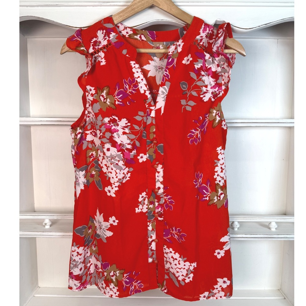 Floral‎ Blouse Ruffle Sleeve Button Down Sleeveless Summer Top Orange Small